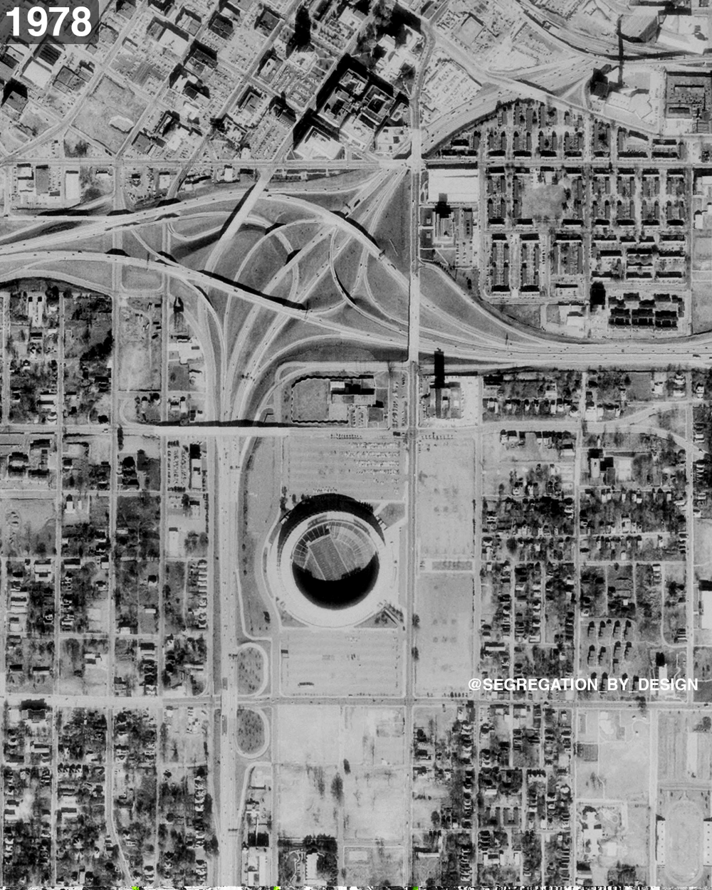 Aerial view of the former Atlanta–Fulton County Stadium and surrounding parking seen from downtown