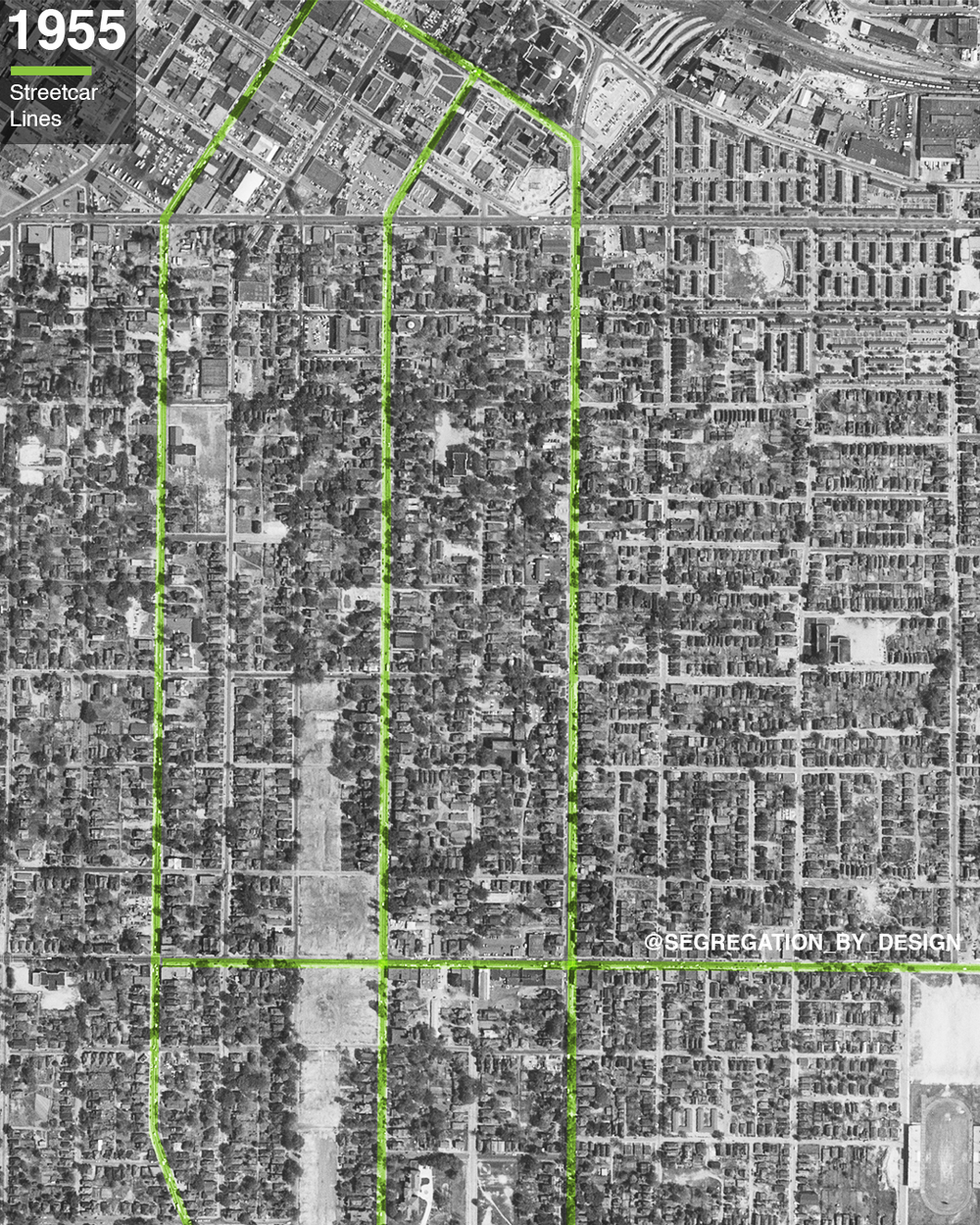Black-and-white aerial map of Summerhill in 1955