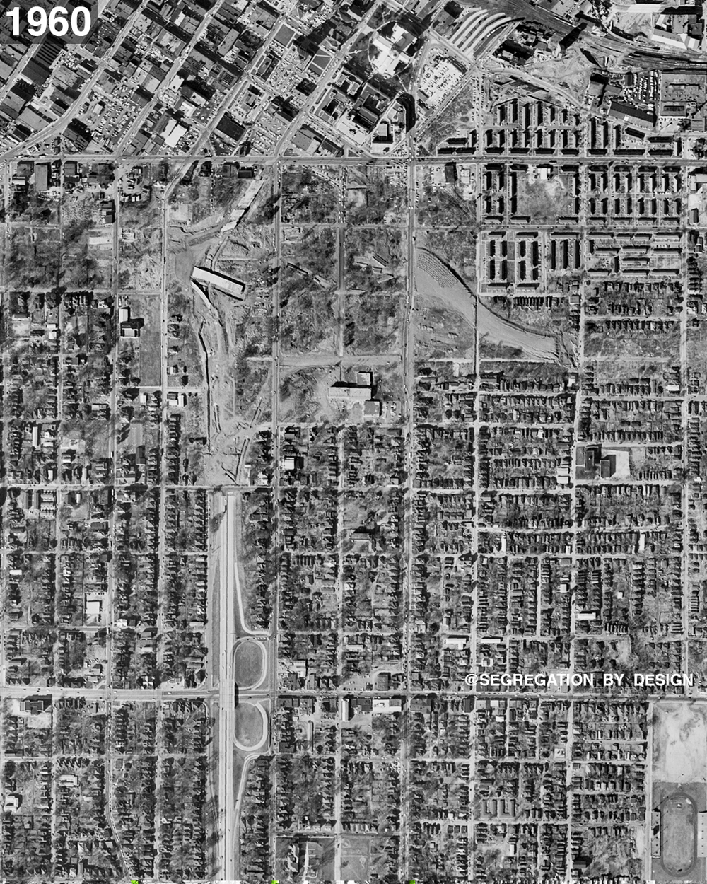 Aerial photograph showing change from highway construction