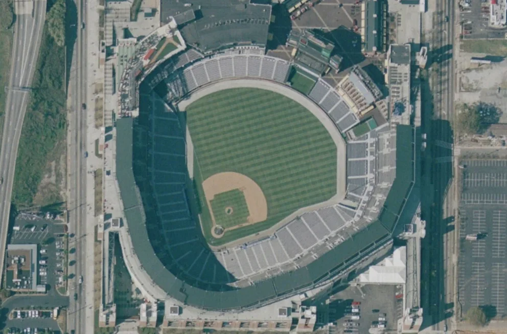 Satellite image of Turner Field surrounded by highways and surface parking