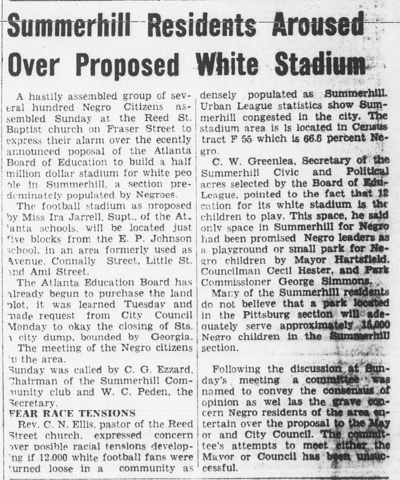 Historic newspaper article about Summerhill residents opposing a proposed segregated stadium