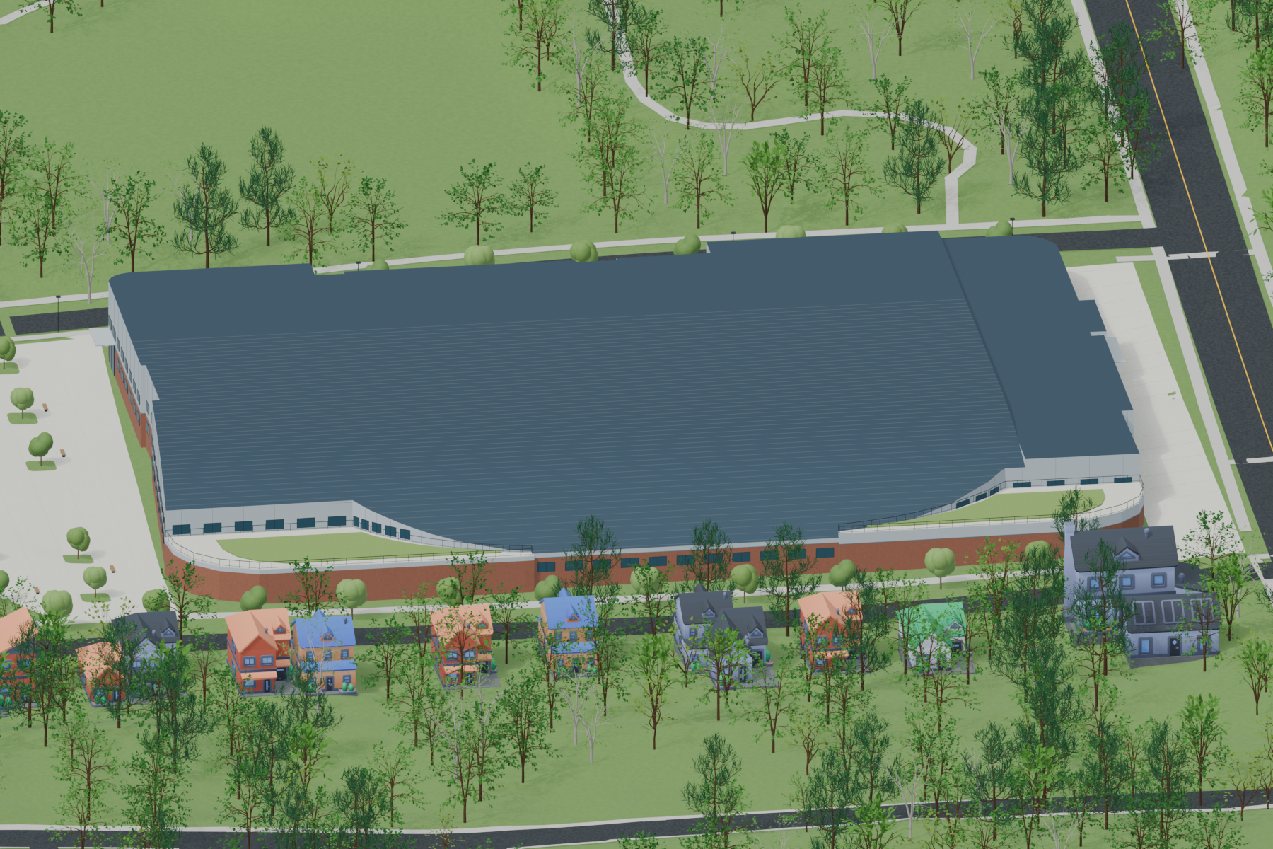 Render of the proposed indoor track viewed from the east