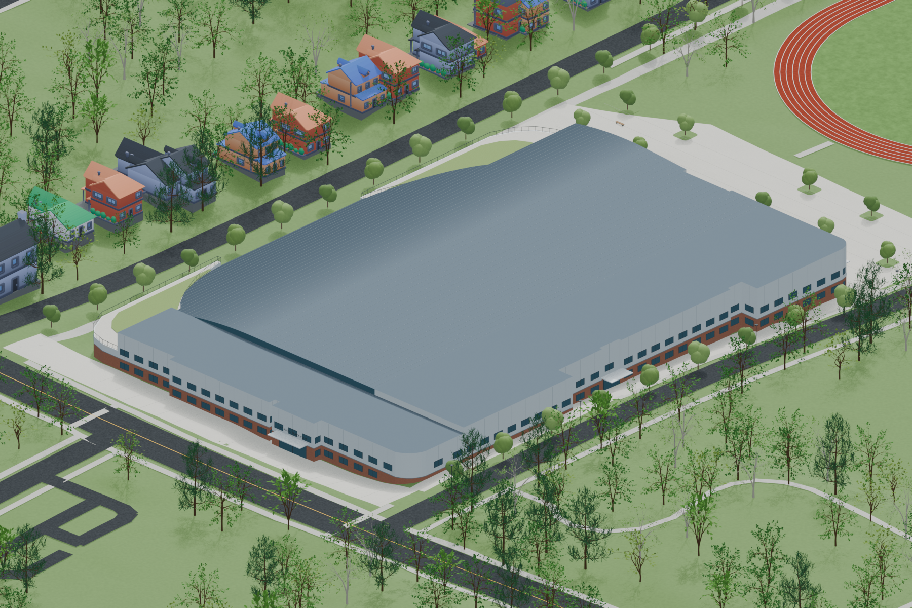 Render of the proposed indoor track viewed from the northwest