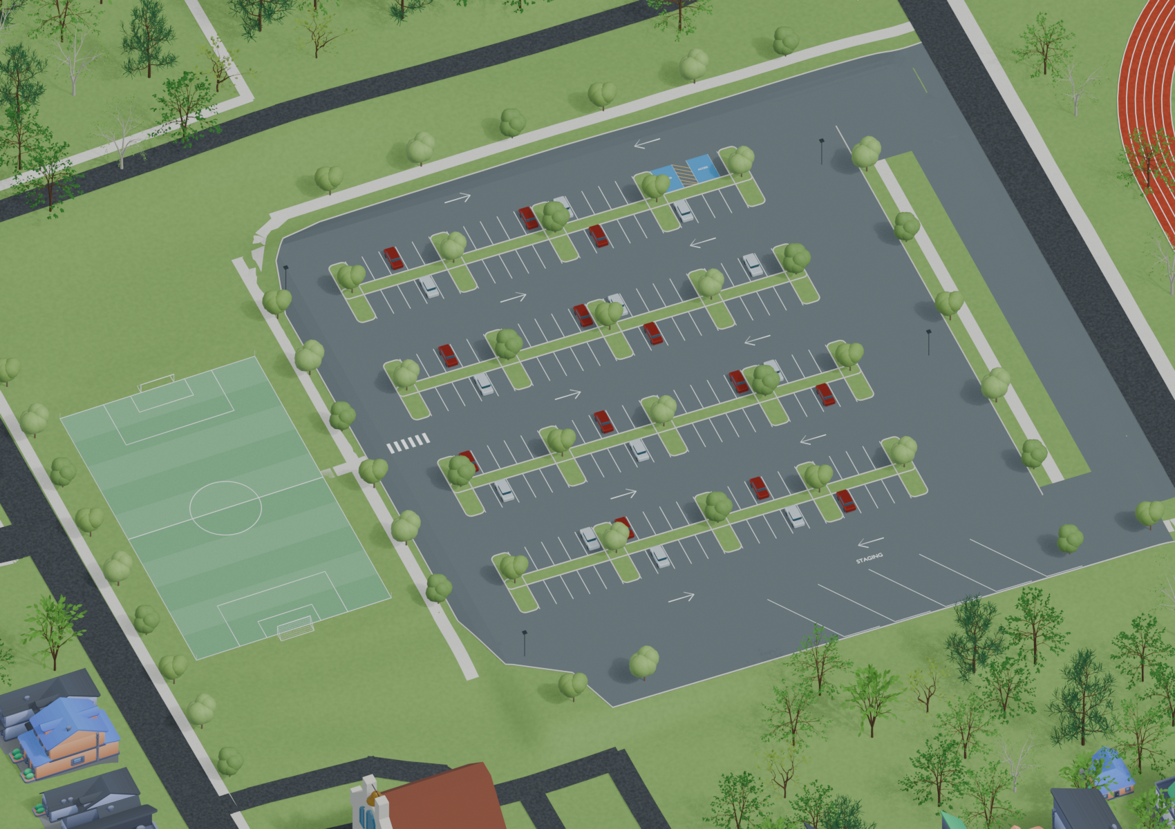 Render of the proposed indoor track and parking area