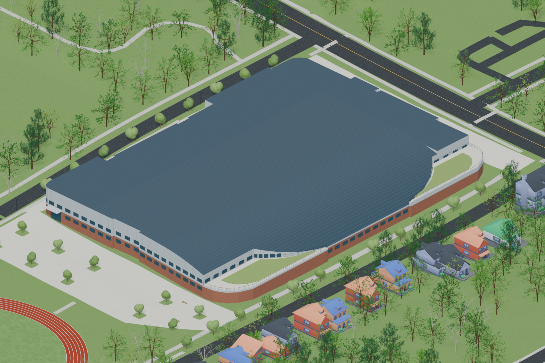 Render of the proposed indoor track viewed from the southeast