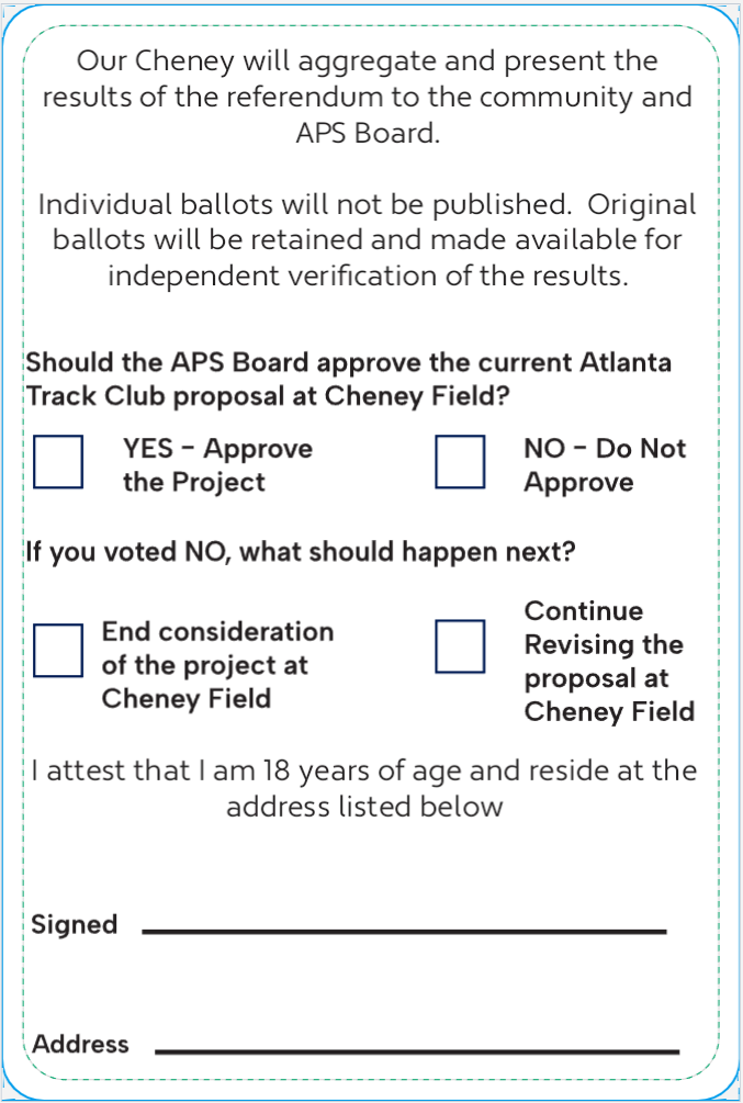 Back of the Cheney Field community referendum ballot with the referendum questions