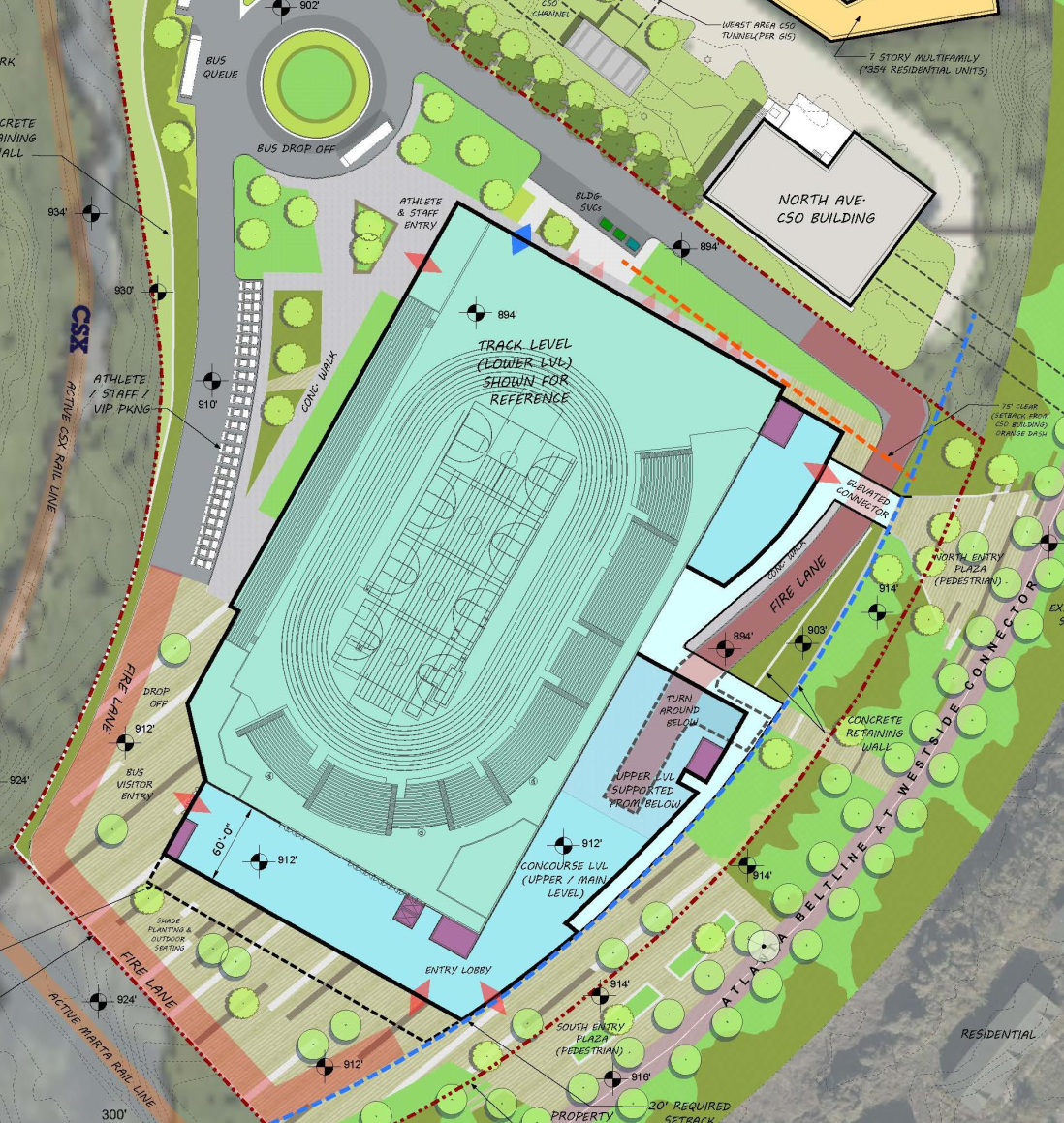 Detailed site plan of the proposed indoor track center showing its footprint within an irregular parcel beside the BeltLine
