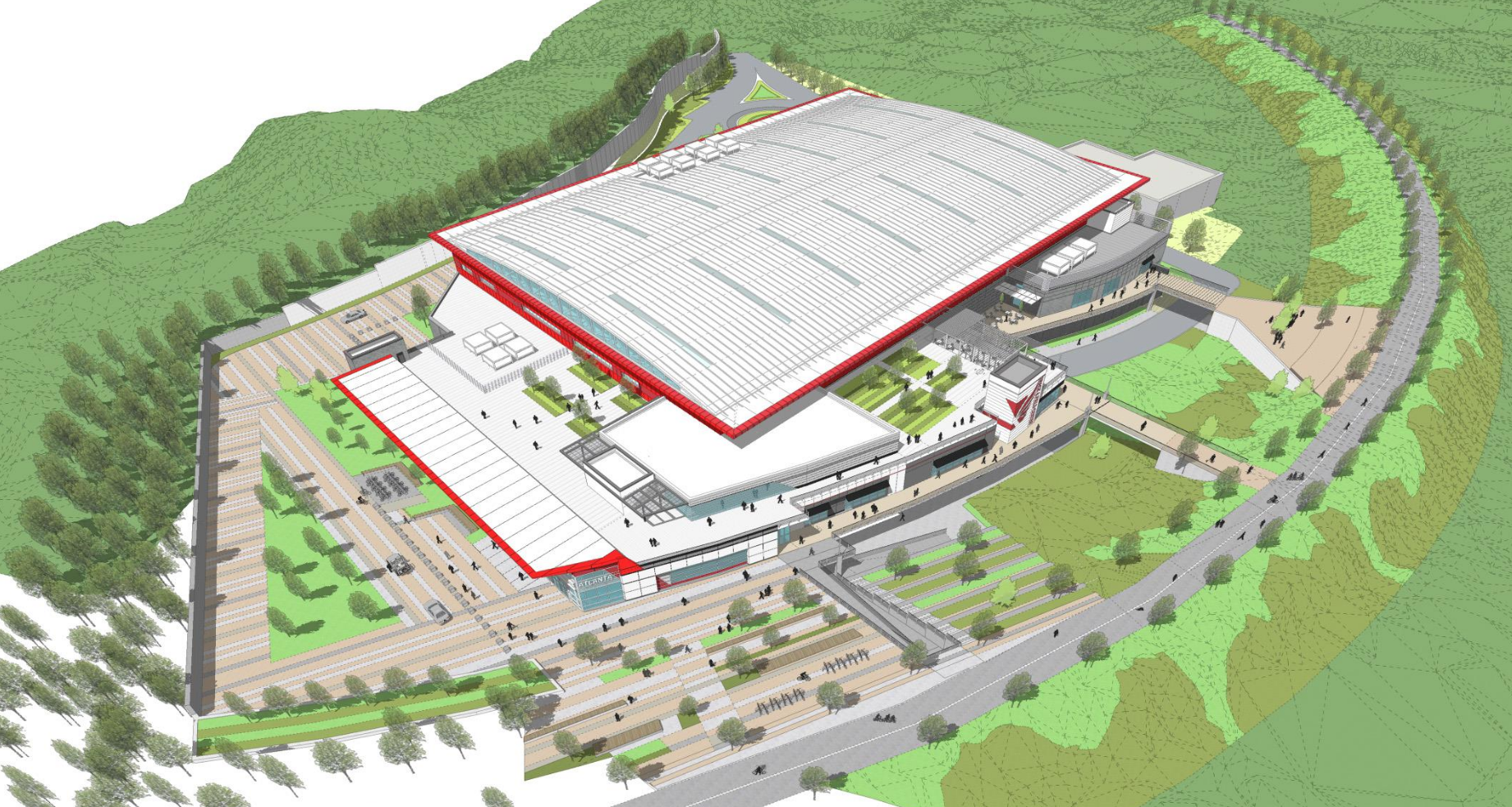 Aerial architectural rendering of Atlanta Track Club's proposed indoor track center on the Westside BeltLine site