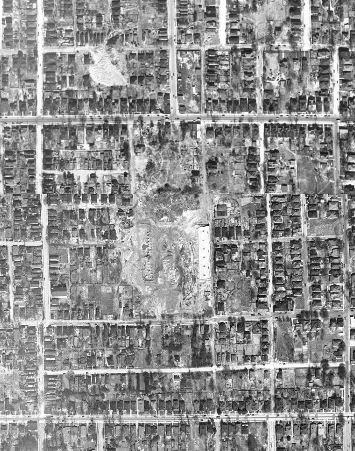 Historic aerial view of the land around Cheney Stadium