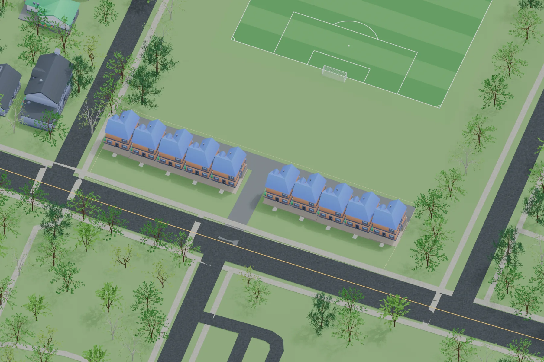 Rendering of two rows of townhomes along the edge of Cheney Field, with green space and a soccer field behind them