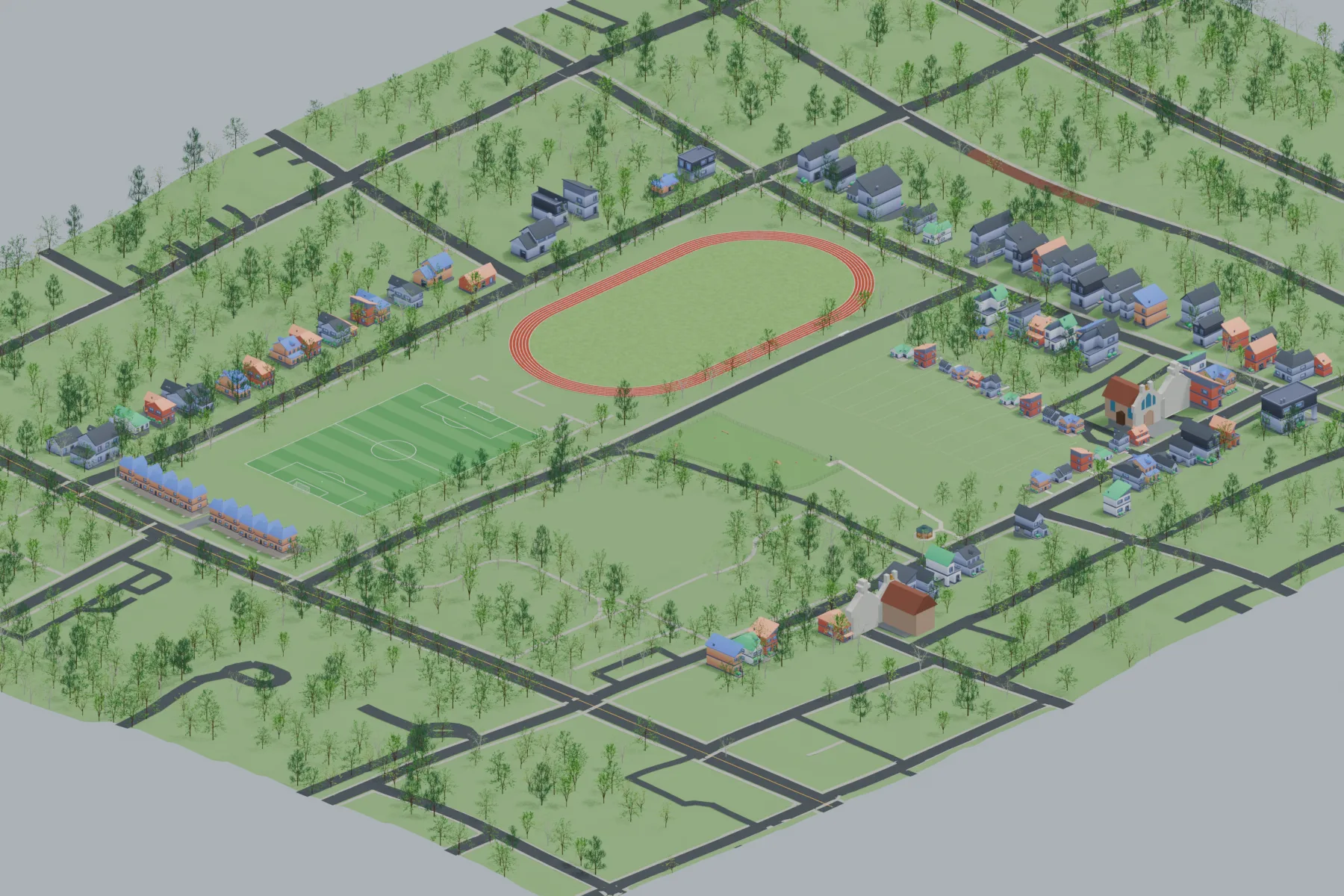 Overview rendering showing townhomes beside Cheney Field, defined lots near Martin Street and McGill, and the remaining track, fields, and parkland