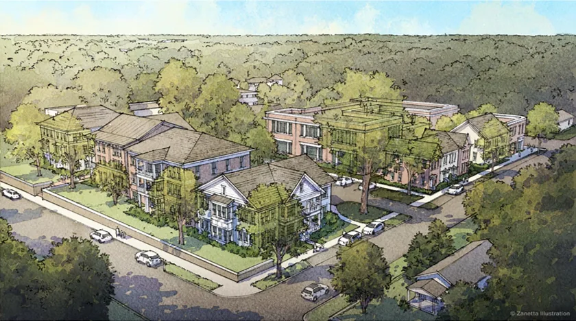Concept rendering of the preserved Lakewood Heights school surrounded by new housing and tree-lined streets