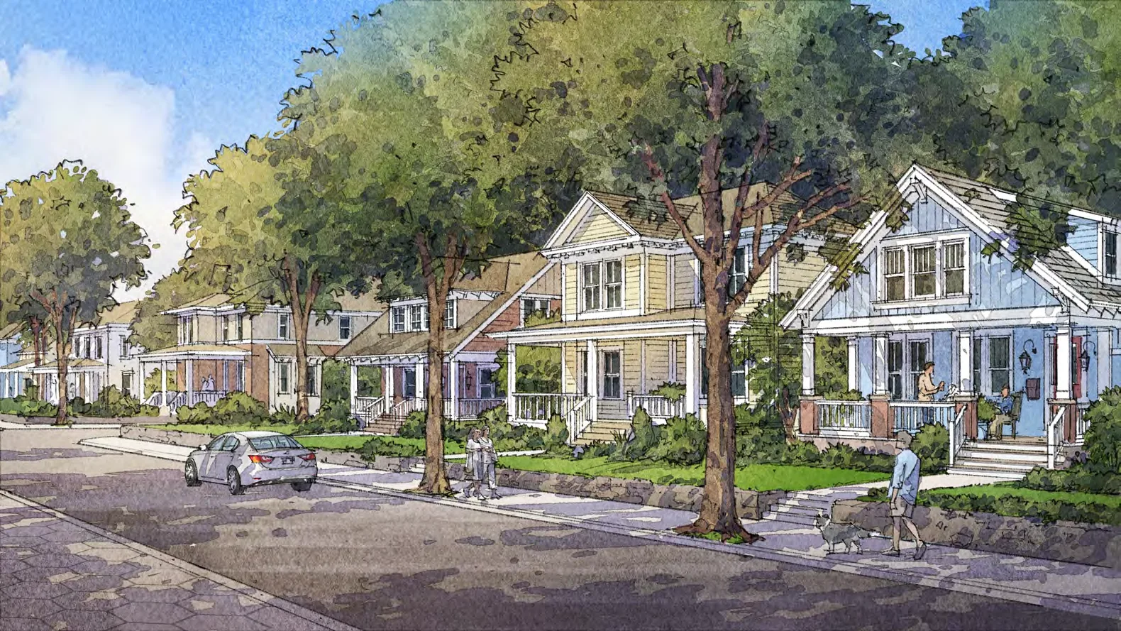 Concept rendering of Culberson Street homes with front porches, mature trees, and sidewalks
