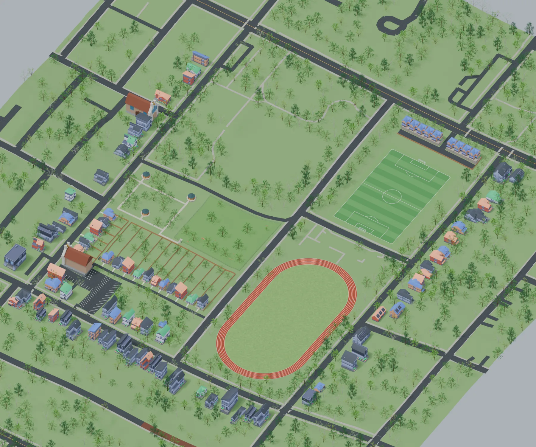 Overview rendering showing townhomes beside Cheney Field, defined lots near Martin Street and McGill, and the remaining track, fields, and parkland