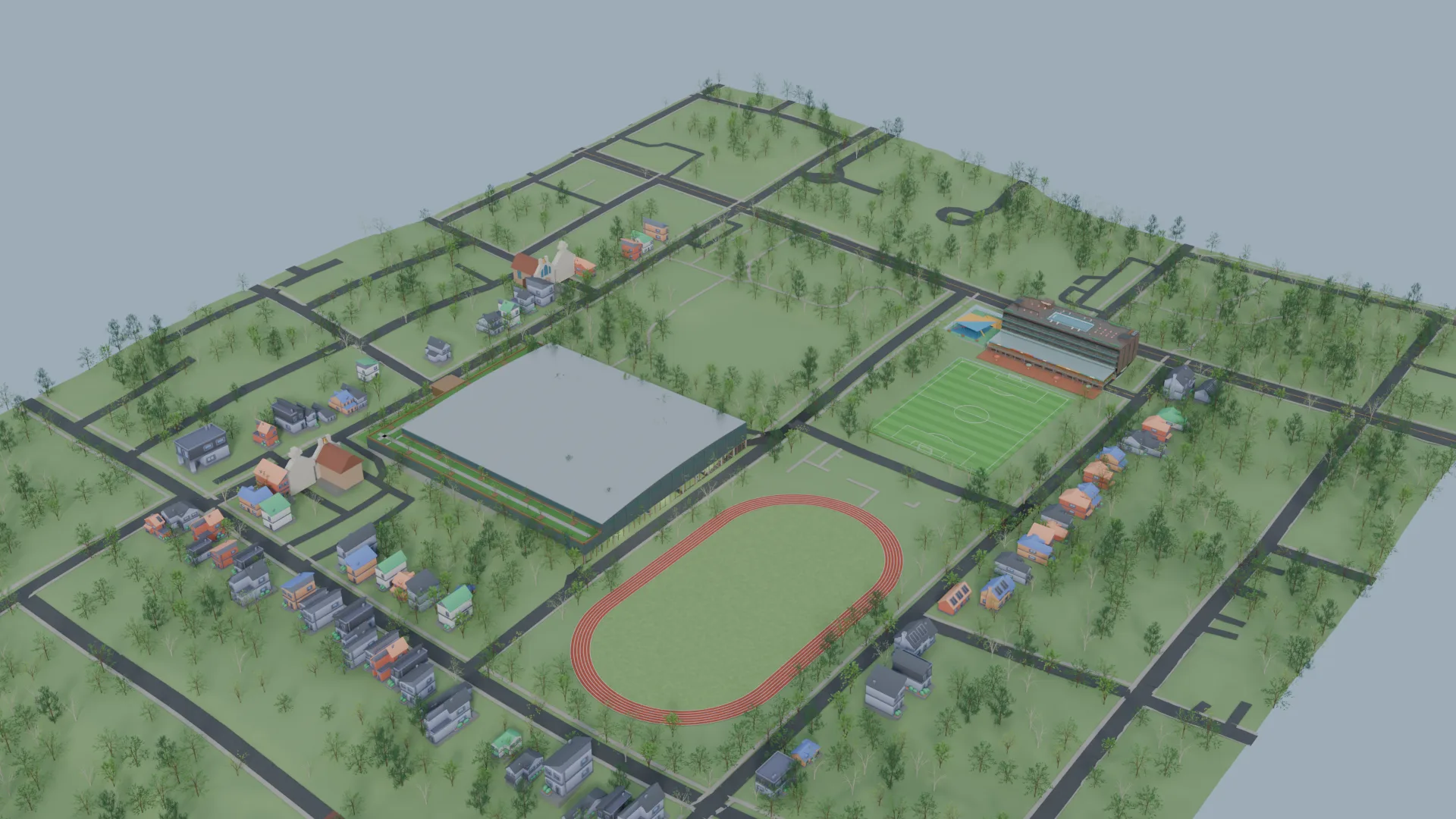 Bird’s-eye rendering of the athletic field house beside Cheney’s outdoor track, with the separate community center across the site