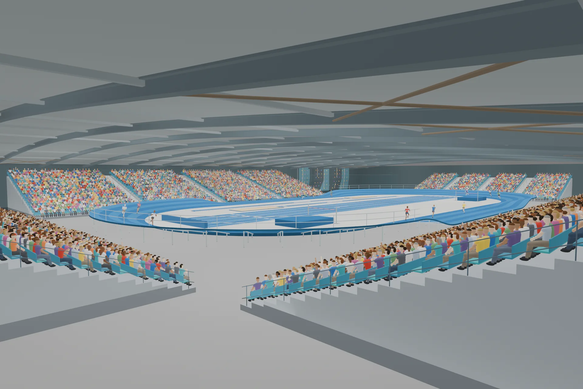 Interior view of an indoor track competition with runners on the banked track and spectators in the stands