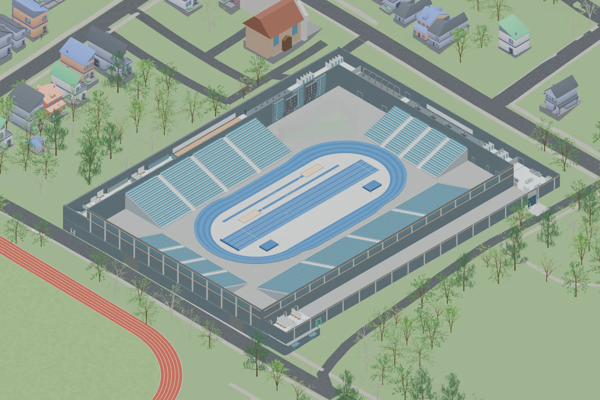 Competition layout with a banked indoor track, field-event areas, and spectator seating extended around the arena