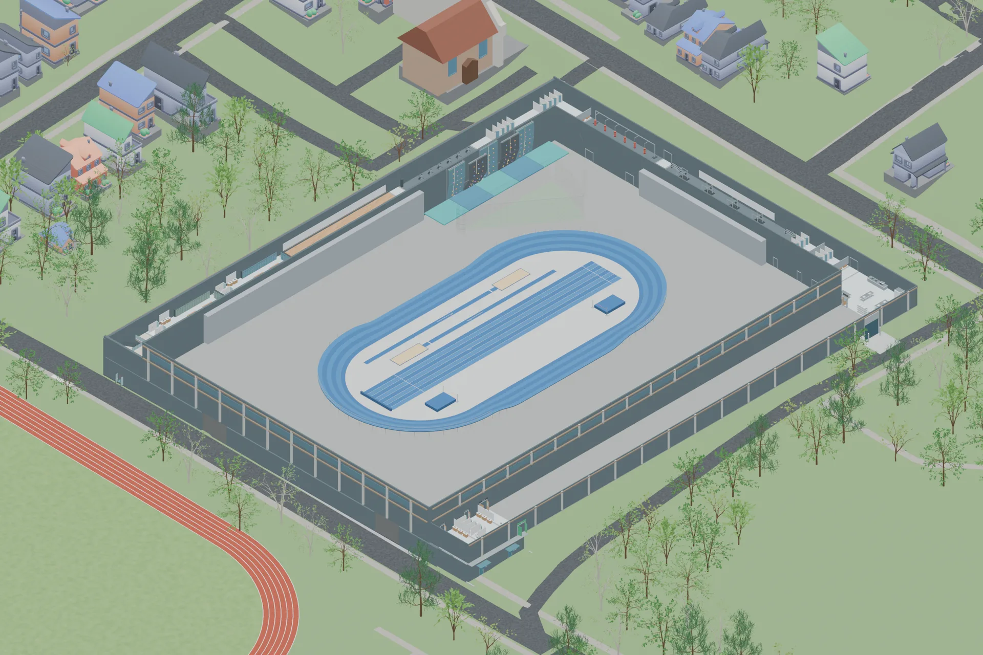 Indoor track between events, with spectator seating retracted and open space beside the climbing wall