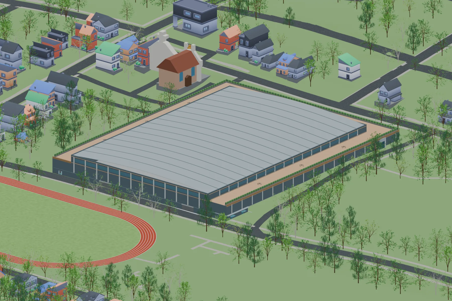 Northeast view of the field house with its lower level facing the outdoor track