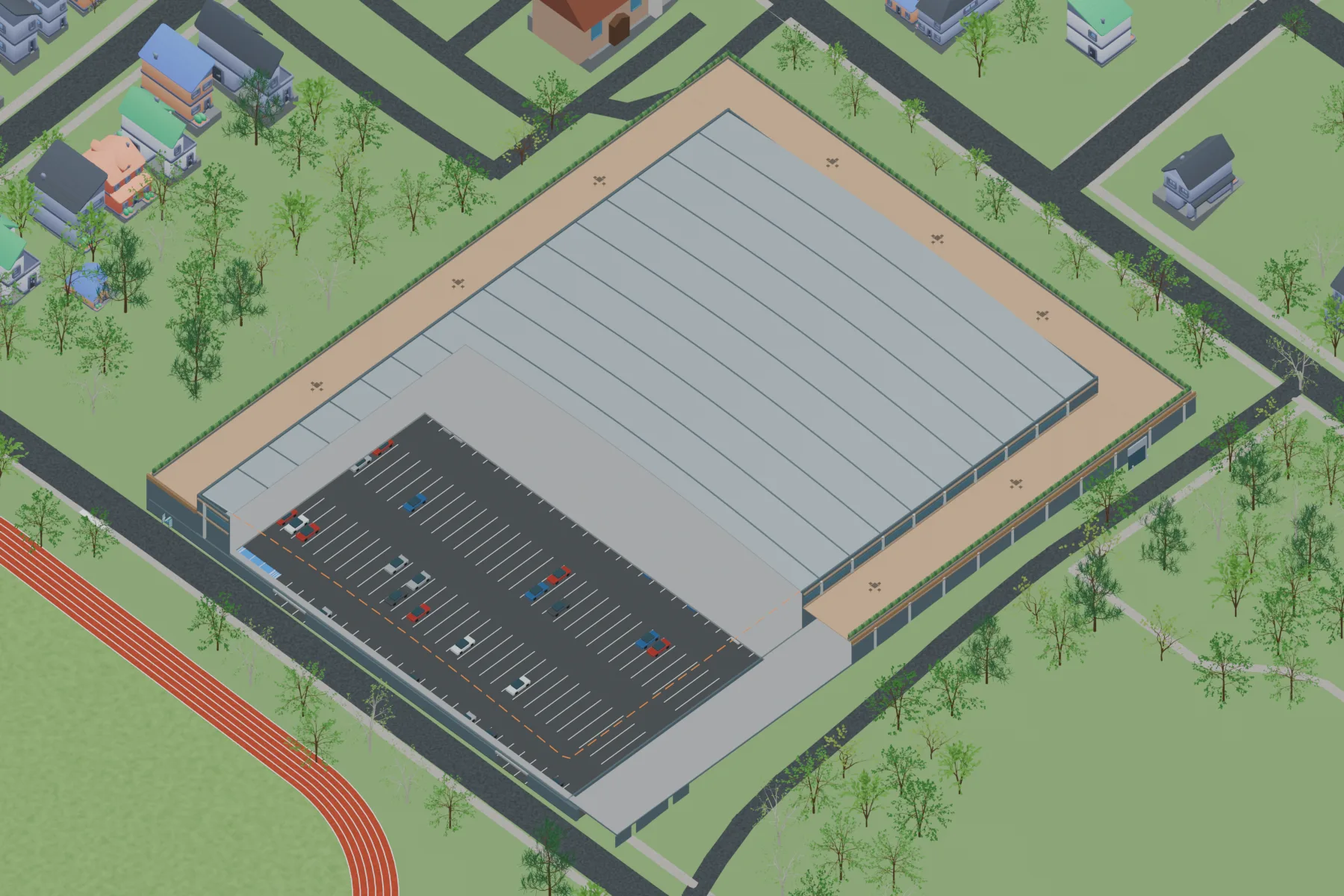 Aerial cutaway view showing parking underneath the athletic field house beside the outdoor track