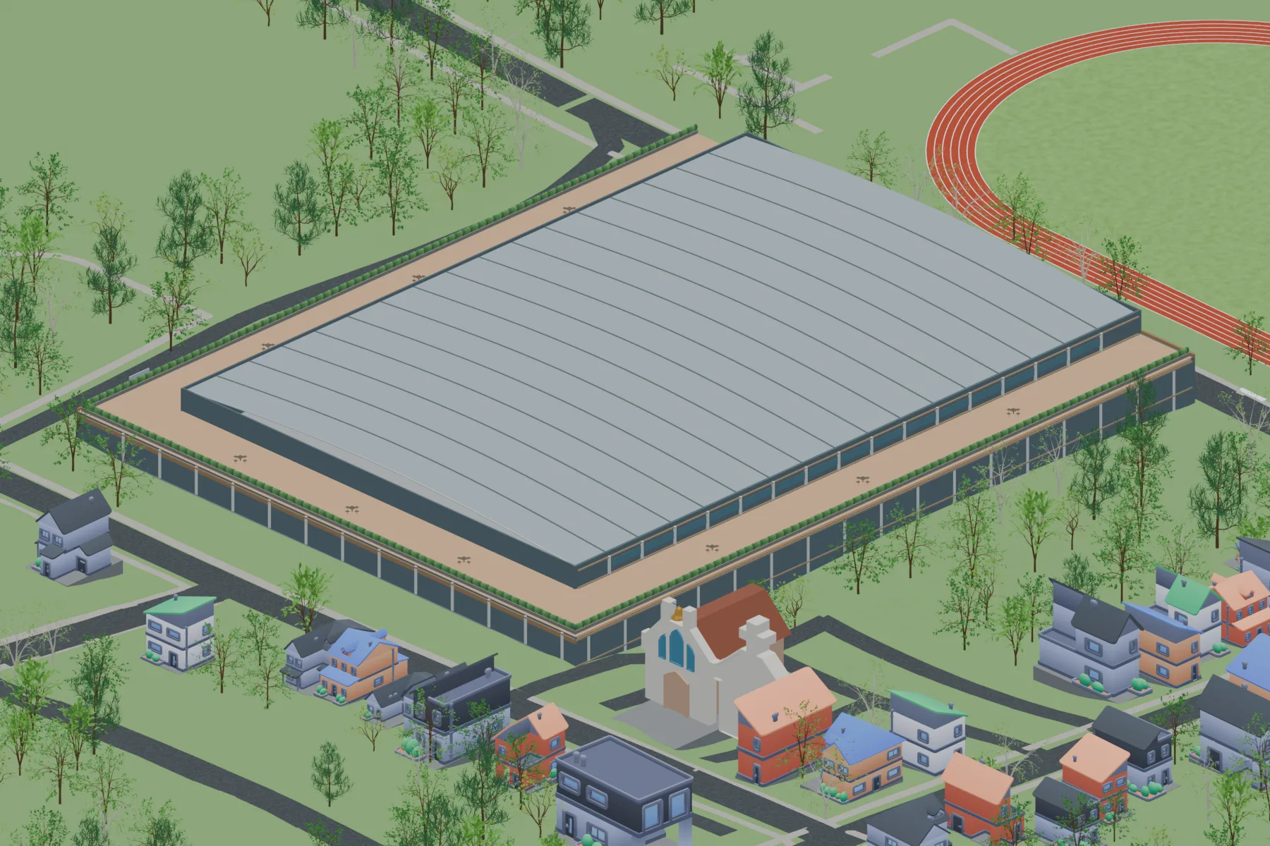 Southwest view of the field house showing the building’s two levels along the sloping site