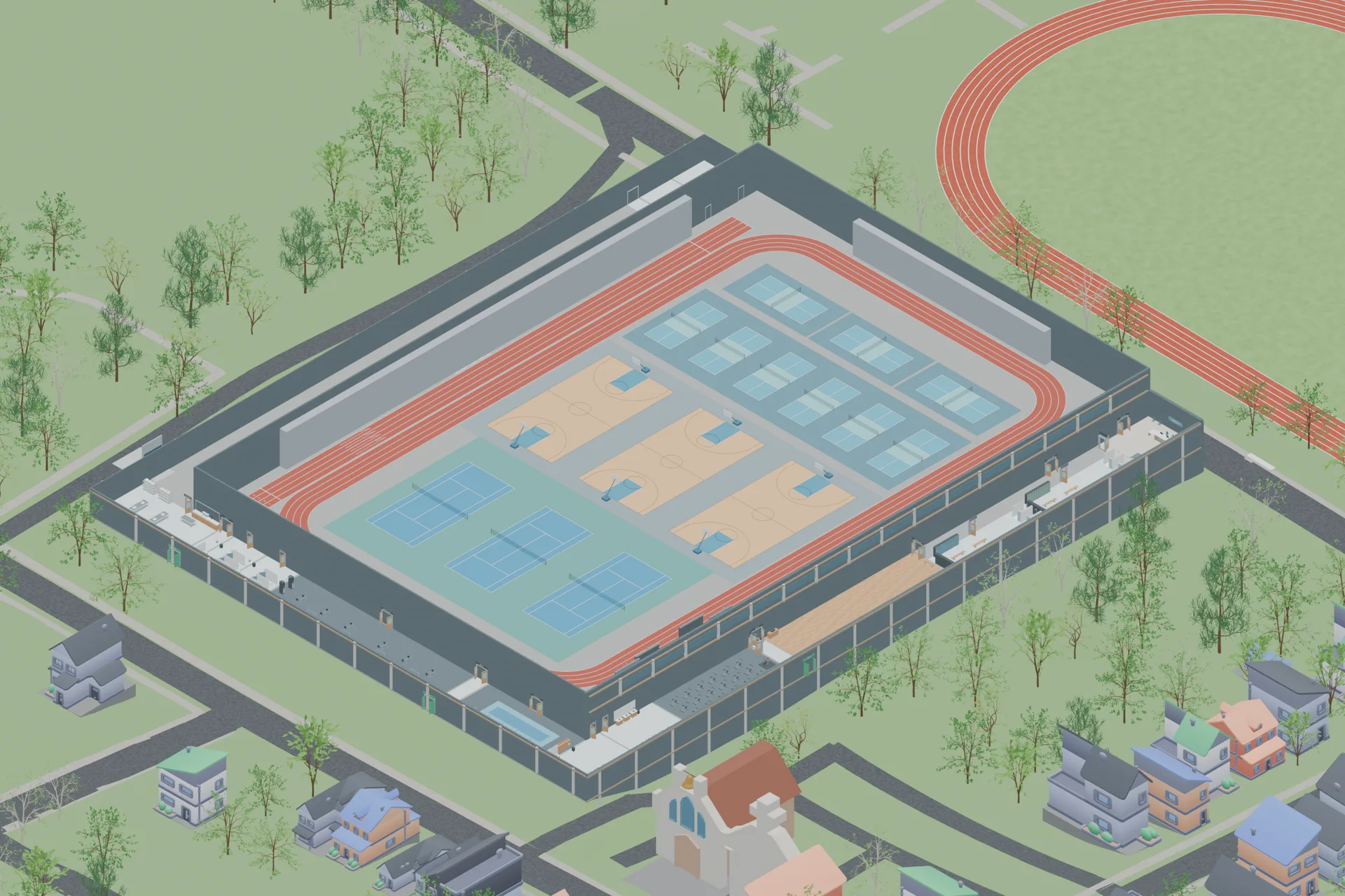 Cutaway recreation layout with tennis, basketball, and pickleball courts inside the running track and activity spaces around the perimeter