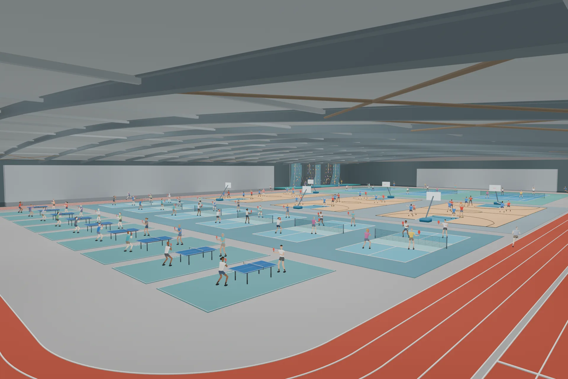 Interior view of people using the recreation courts, table tennis tables, and surrounding running track