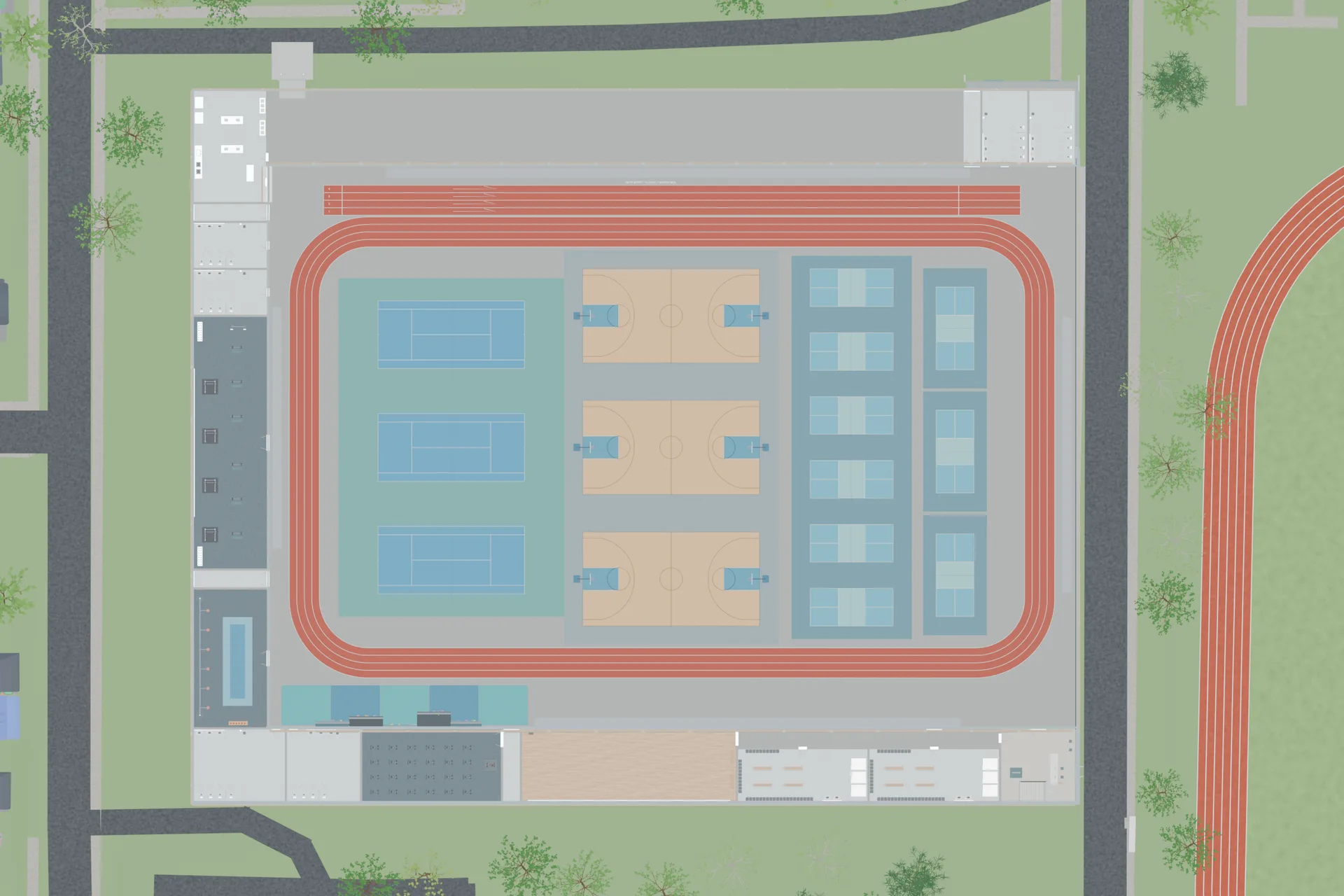 Overhead recreation floor plan showing courts, running lanes, fitness areas, and studios