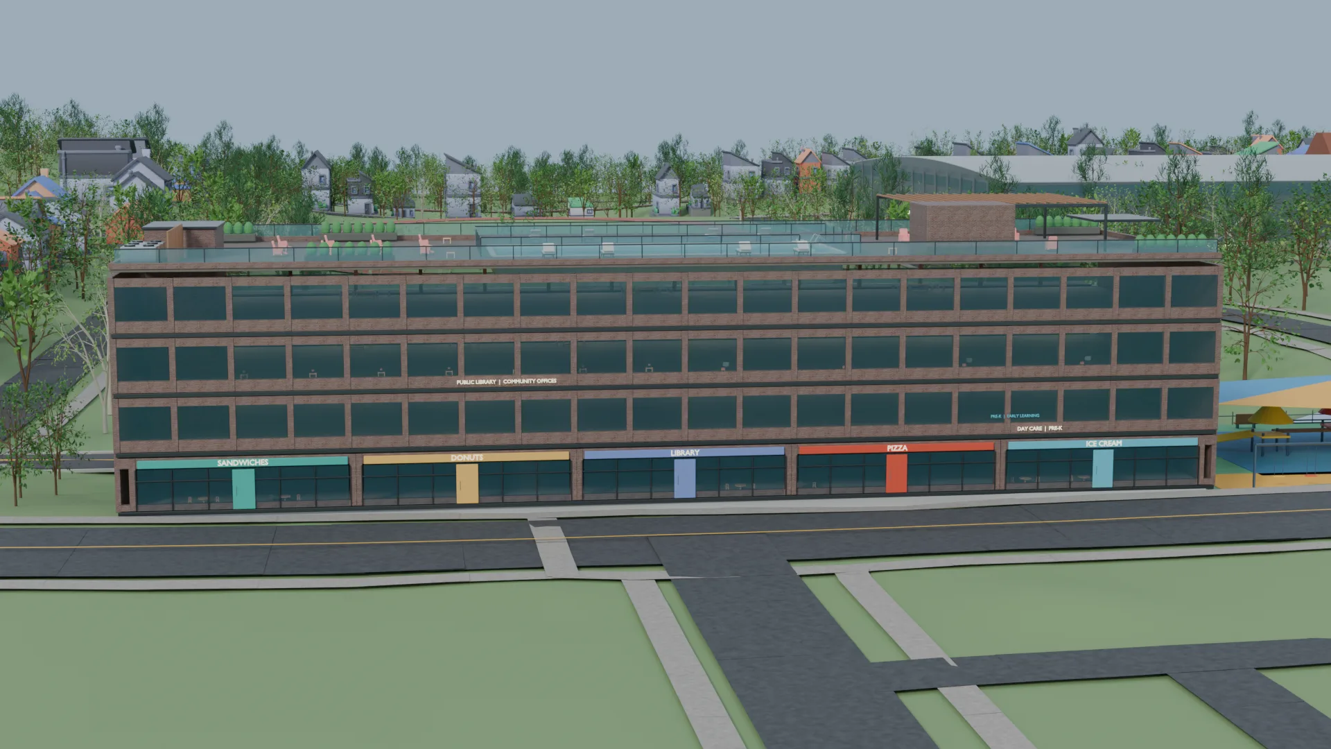 Street-facing community center with first-floor storefronts and community and office space above