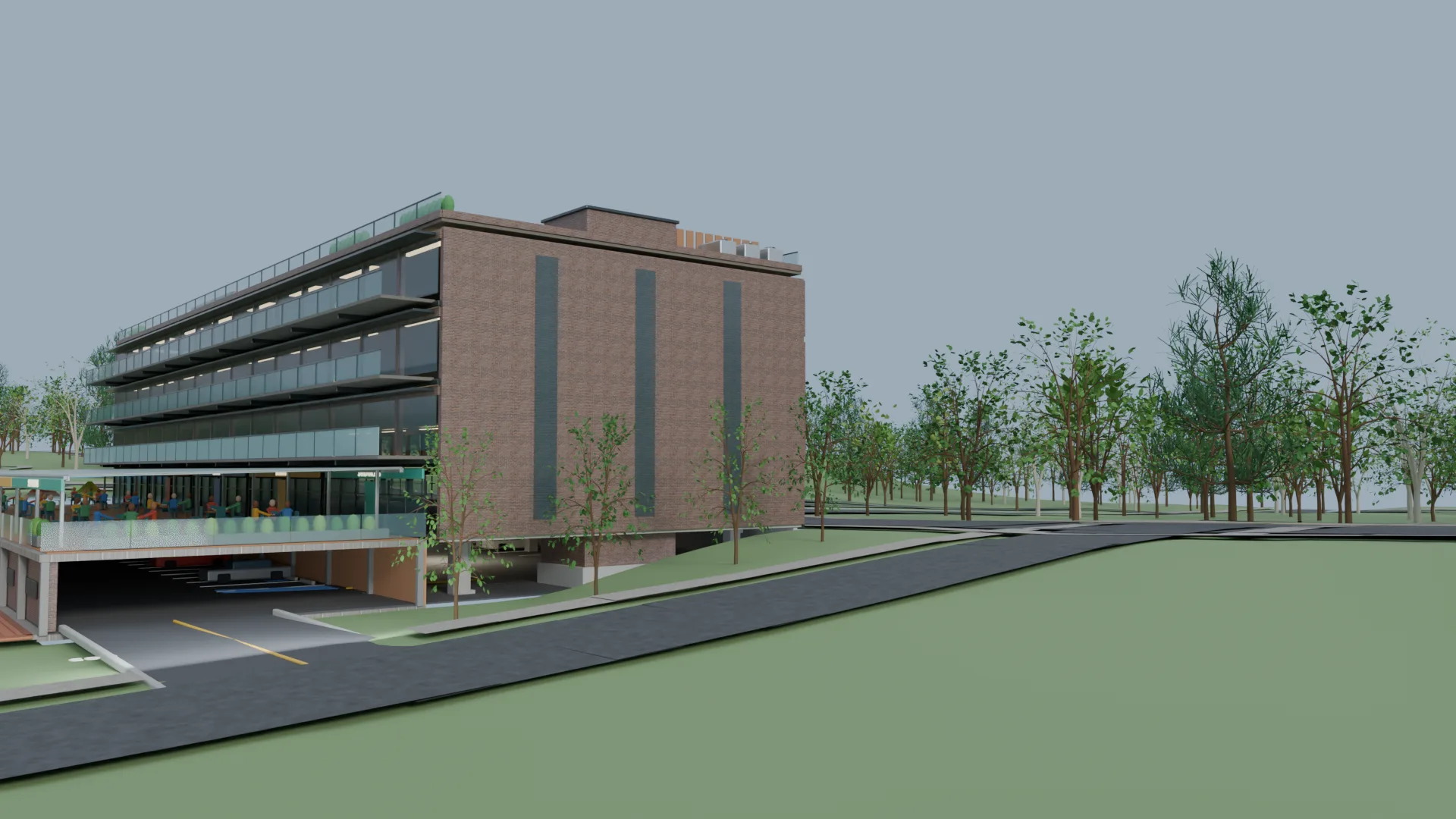 Parking entrance beneath the community center at the lower side of the sloping site