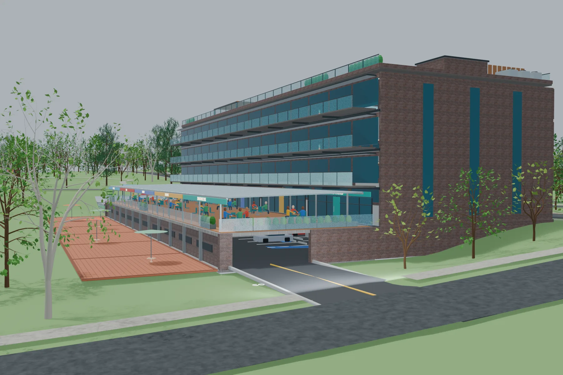 Oblique view of the community center’s parking entrance beneath a terrace with outdoor seating