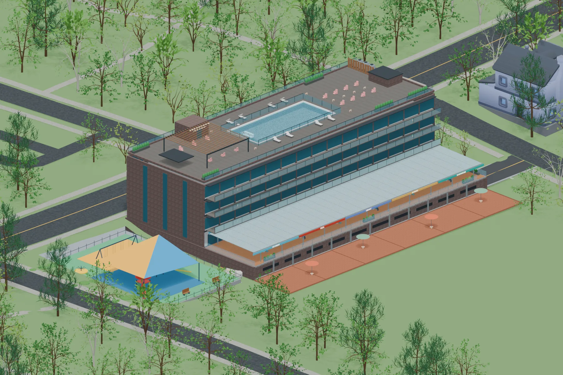Elevated southwest view of the community center showing the rooftop pool, terrace, and shaded playground