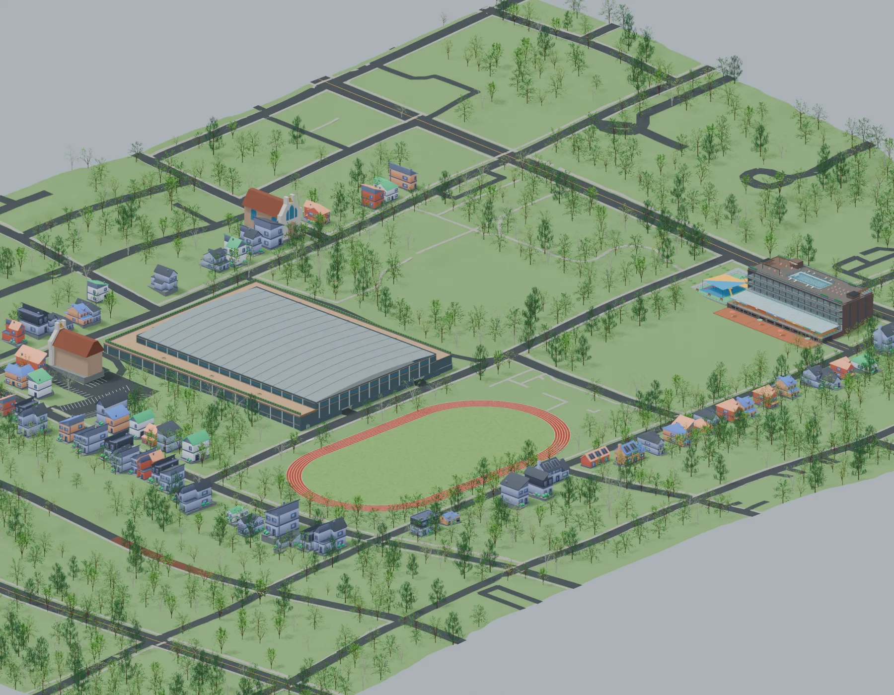 Southeast site rendering of the athletic field house, outdoor track, and separate community center