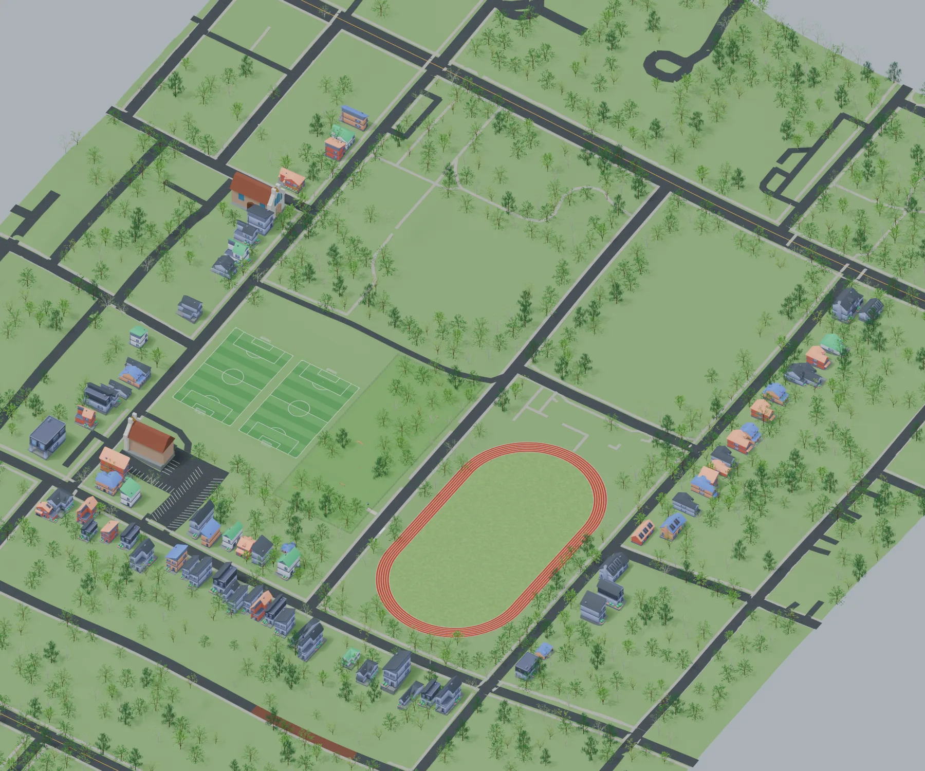 Conceptual site overview showing the outdoor track, PathFC soccer fields, a fenced dog park beside the fields, and surrounding parkland