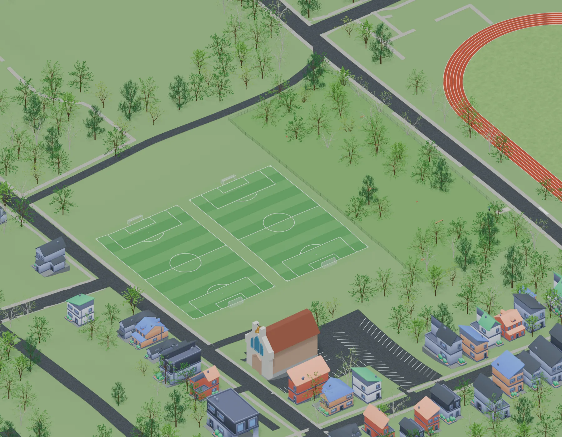 Conceptual southwest view showing PathFC soccer fields, the fenced dog park, and the outdoor track