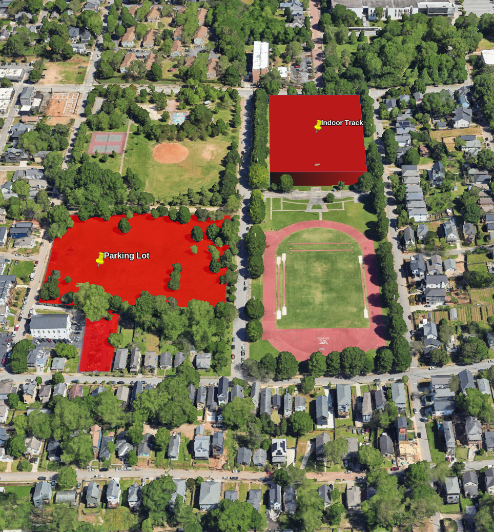 Aerial view of Cheney Stadium and surrounding Summerhill blocks with the proposed indoor track and parking lot footprints highlighted in red