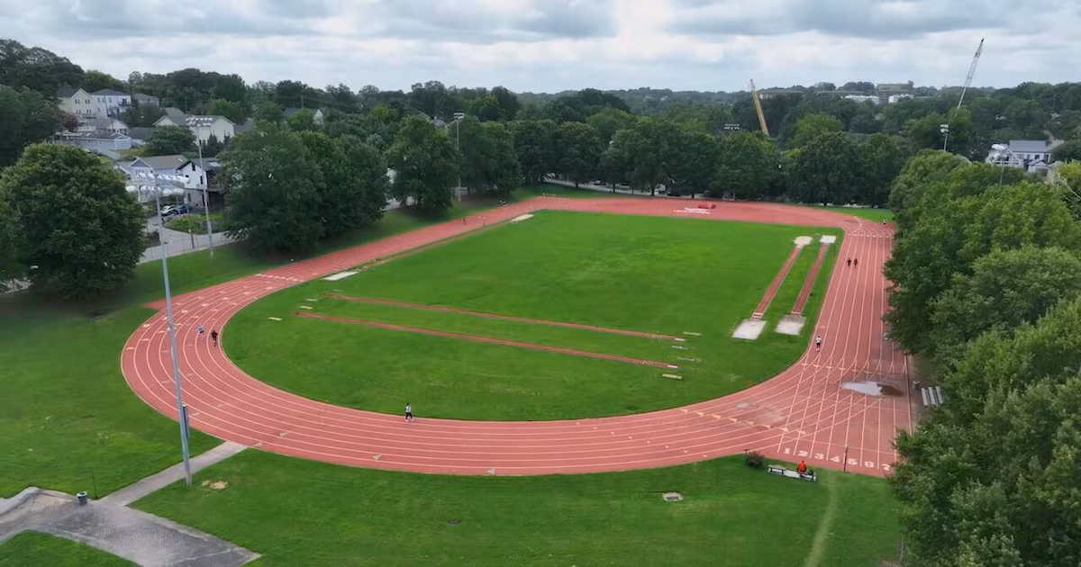 Aerial view of the outdoor track at Cheney Field today